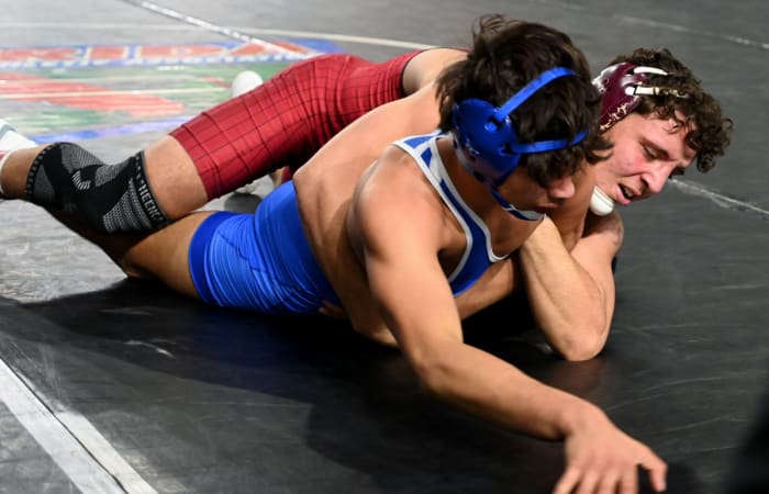 Gianni Maldonado from Lake Gibson gets a win against Kawayran Vazquez of Tampa Jesuit during a 157-pound semifinals match on Saturday at the Knockout Christmas Classic at Silver Spurs Arena in Kissimmee.